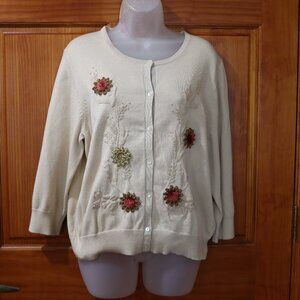 Liz Claiborne Cream Floral Appliqué Cotton Rayon Cardigan L Full Back Embroidery